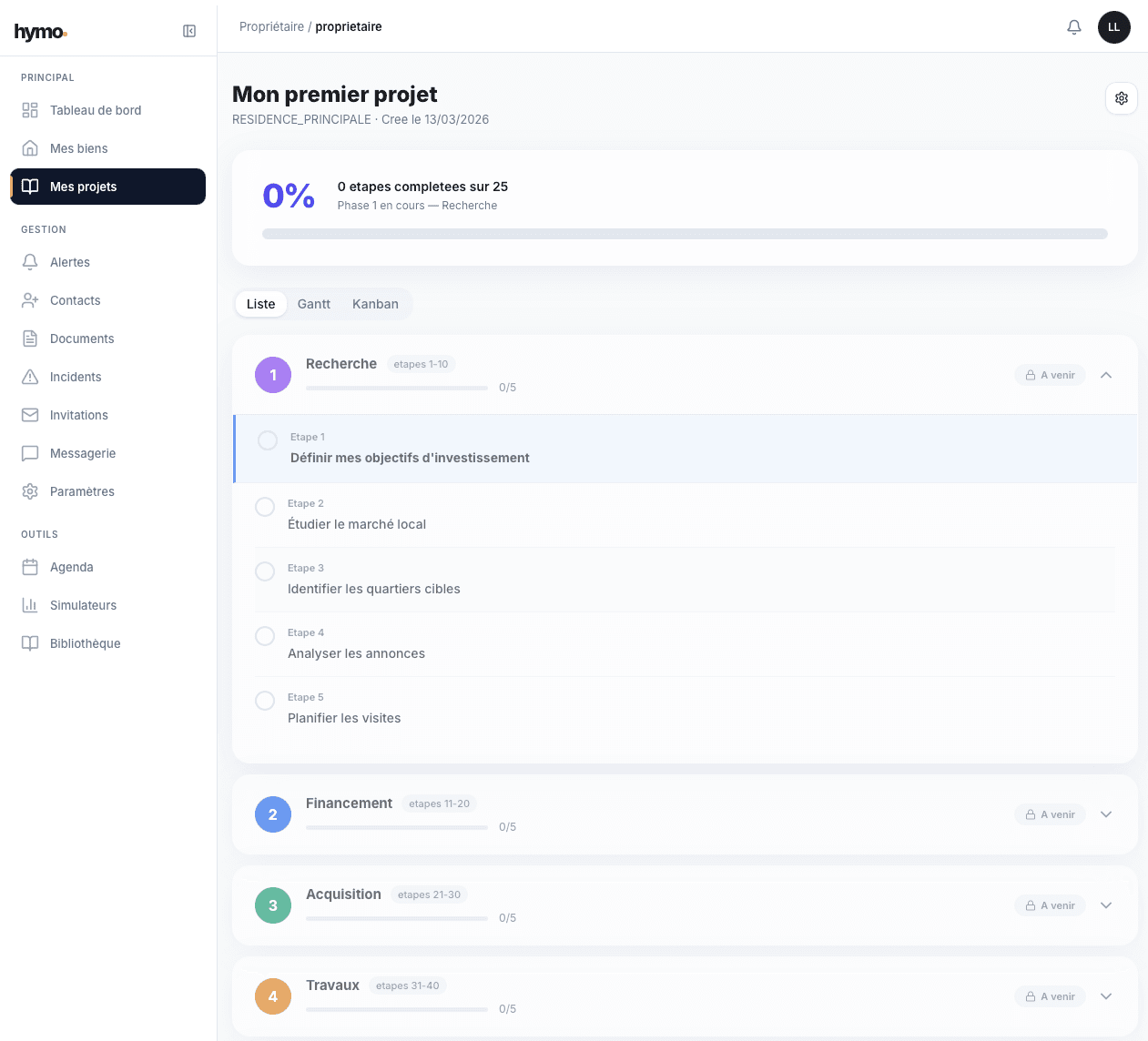 Vue liste du projet avec phases et étapes détaillées